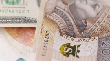 Değişik tasarım şekilleri, basılı dokular ve dikişsiz bir döngü içinde ayrıntılı yüzeyleri gösteren, karışık zloti avro ve dolar banknotlarının dönüşümlü makro çekimi.