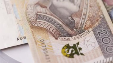 Çapraz renk tonlarını, basılı elementleri ve yüzey liflerini pürüzsüz bir döngüde gösteren karışık 200 zloti banknotunun dönen makro görüntüsü.