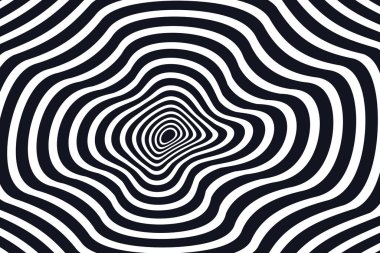 Çarpıcı bir optik illüzyon. Konsantrasyonlu, düzensiz şekiller var. Siyah ve beyaz zıt şekillerde. Bu soyut tasarım hipnotik bir etki yaratıyor, arka plan ya da grafik elementler için mükemmel. 200 karakter