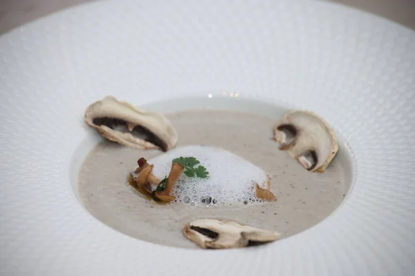 Beyaz desenli bir kasede sunulan gurme mantar çorbası hafif köpük, hassas mantar dilimleri ve taze maydanozla rafine edilmiş bir aperatif oluşturur.