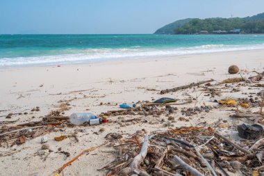 Plastik şişeler ve çöpler sahil kirliliği, iklim etkisi, çevre krizi, okyanus atıkları, doğa koruma, küresel ısınma farkındalığı.
