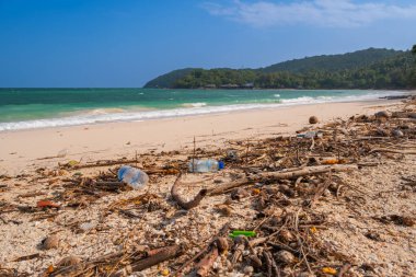 Plastik atıklarla kirlenmiş plaj iklim krizi ve okyanus kirliliğini ön plana çıkarıyor. Şimdi temiz doğa, çevre bilinci ve sürdürülebilir seyahat için harekete geçin..