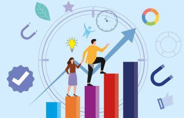 İş büyümesi illüstrasyonu, liderlik konsepti, takım çalışması başarısı, kariyer gelişimi, profesyonel kalkınma, yenilik stratejisi, yukarı doğru ok grafiği, hedef başarı, kurumsal motivasyon, üretkenlik gelişimi, eps