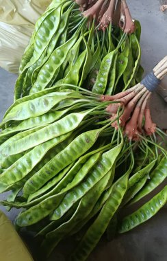 Masaya bağlanmış taze yeşil yapraklı sebzeler.