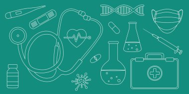 Temel tıbbi ve sağlık ikonlarını gösteren temiz ve modern bir tasarım çizimi. Hastane bilgileri, geçmiş ve tıbbi sunumlar için mükemmel..