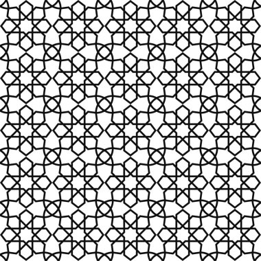 Soyut siyah-beyaz İslami desen, geometrik model vektörü. Tebrik kartı, kapak, el ilanı, duvar kağıdı için modern vektör illüstrasyonu. Soyut doku süsü tasarımı, yinelenen fayans