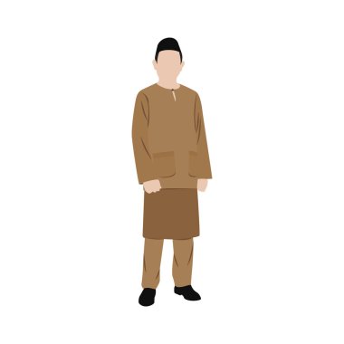 Vektör düz çizim. Baju Teluk belanga adlı geleneksel giyinmiş Malezyalı bir adam.