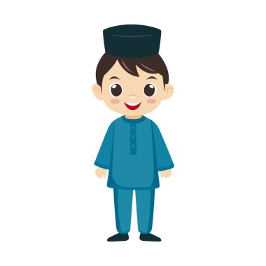 Vektör düz çizim. Malezyalı Malezyalı çocuk Baju Melayu adında geleneksel kıyafetler giyiyor.