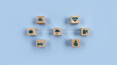 Çeşitli sigorta türleri olan tahta bloklar. Sigorta blokları sigorta türüne satırlarla bağlıdır. Sigorta konsepti.