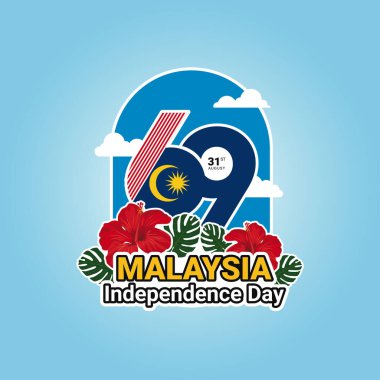 Yaratıcı Malezya Bağımsızlık Günü vektörü cesur 69 tipografili, çiçekli ve tropikal yapraklı. 31 Ağustos 'ta Merdeka' yı kutlayan şenlikli illüstrasyon.