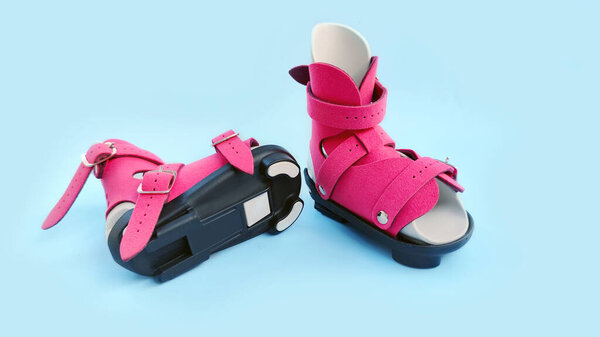 Close-up view of the sole and base of orthopedic boot for infant clubfoot treatment, highlighting medical design and support