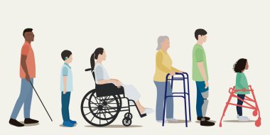 İşitme cihazı, tekerlekli sandalye, yürüyen çerçeve ve protez bacağı olan insanları gösteren çeşitli engelli vektör tanıtımı.