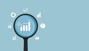 İş büyüme grafiklerini ve veri simgelerini analiz eden büyüteç, analitik, performans takibi, finansal analiz ve stratejik planlamayı temsil ediyor.