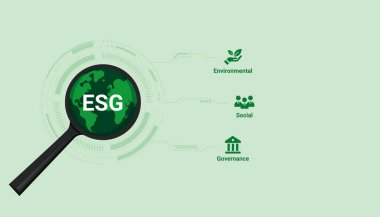 ESG ilkelerini vurgulayan büyüteç, sürdürülebilirlik analizi ve kurumsal yönetim değerlendirme kavramı.