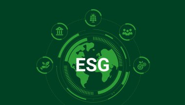 Küresel dünya arayüzü ve sürdürülebilirlik simgeleri ile ESG kavramı çevresel, sosyal ve yönetim stratejisini temsil etmektedir.