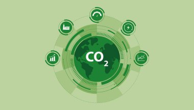 Dünya ile karbon emisyon izleme kavramı ve karbon izleme, endüstriyel etki ölçümü ve iklim değişikliği değerlendirmesini temsil eden dairesel analitik arayüzü.