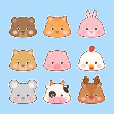 Bir grup şirin hayvan yüzlü sembol ayı kedi tavşan köpek domuz tavuk fare inek geyiği, vektör illüstrasyon