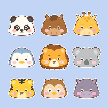 Sevimli hayvan yüzleri sembolleri panda atı zürafa penguen koala kaplan baykuş suaygırı, vektör illüstrasyon