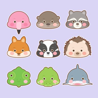 Bir grup sevimli hayvan yüzlü sembol doflamingo su samuru rakun tilki kirpi kirpi timsah timsah timsah köpekbalığı, vektör çizimi