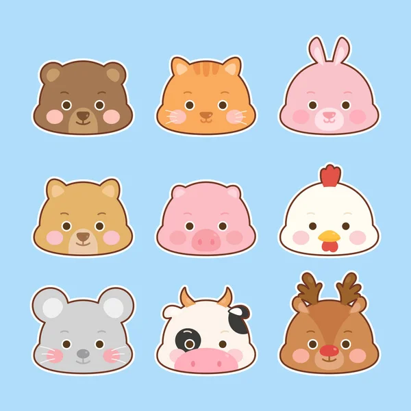 Bir grup şirin hayvan yüzlü sembol ayı kedi tavşan köpek domuz tavuk fare inek geyiği, vektör illüstrasyon