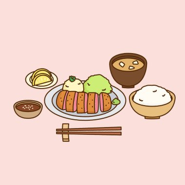 Japon usulü kızarmış biftek ve pirinç, vektör illüstrasyon.