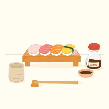 Öğle yemeğinde Japon suşisi yemek, vektör illüstrasyonu.