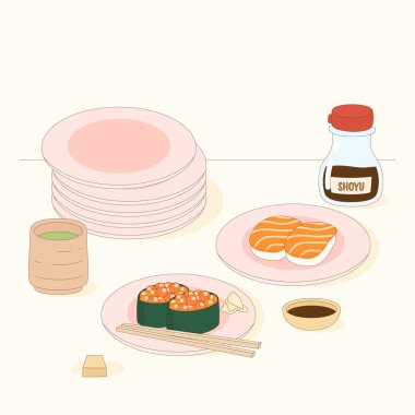 Öğle yemeğinde Japon suşisi yemek, vektör illüstrasyonu.