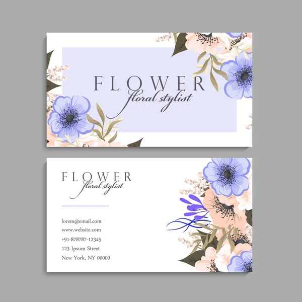 Tarjetas Visita Flores Flores Púrpura — Vector de stock