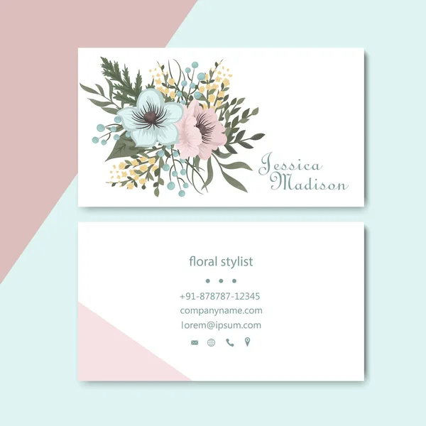 Business Card Mint Pink Flowers Template — Stock Vector