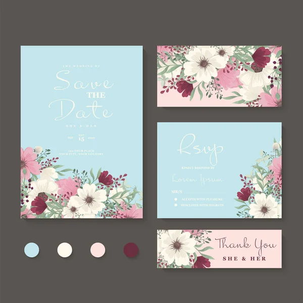 Wedding Vector Bloemen Uitnodiging Dank Rsvp Kaart Aquarel Design Set — Stockvector