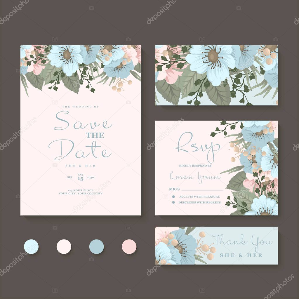 Set of templates for celebration, wedding. Blue flowers. Vintage design