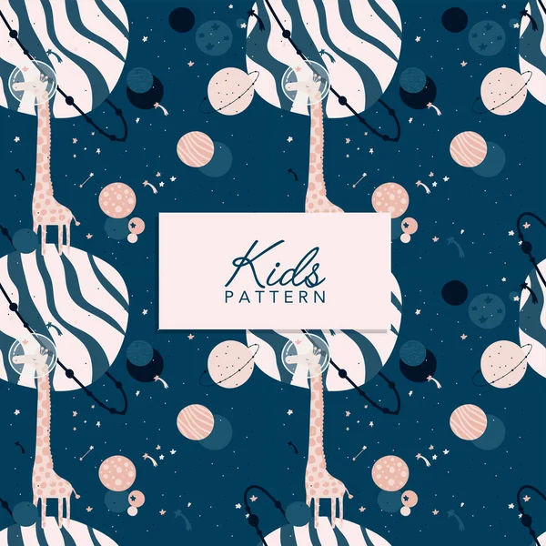Seamless pattern with cute giraffe in space. Vector