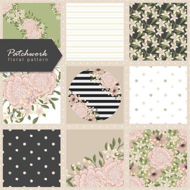Geometrik ve çiçek süslemeleri, stilize çiçekler, noktalar ve dantelli vektör soyut yama desenleri. Klasik boho tarzı.