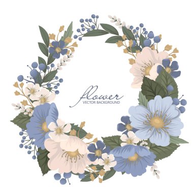 Çiçeksel yuvarlak kenar - çiçek vektör resimli mavi daire çerçeve