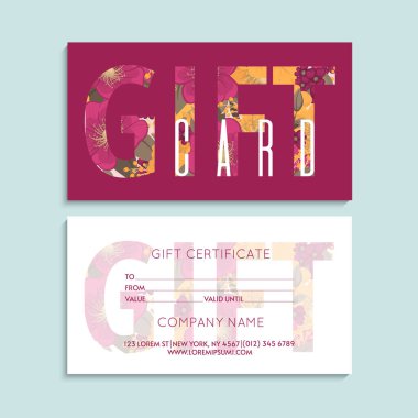 Renkli hediye kartları seti 50 dolar ve beyaz ve pembe arkaplanlı zambaklarla birlikte 100 dolar değerinde. Salon, galeri, kaplıca, dükkan için çiçeklerin modern stil illüstrasyonu. Hediye çeki.