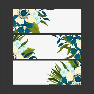 Üç tane şık çiçek pankartı. Vektör içinde parlak romantik karikatürler