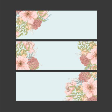 Üç tane şık çiçek pankartı. Vektör içinde parlak romantik karikatürler