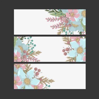 Üç tane şık çiçek pankartı. Vektör içinde parlak romantik karikatürler