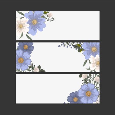 Üç tane şık çiçek pankartı. Vektör içinde parlak romantik karikatürler