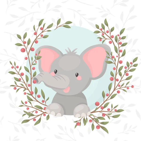 Cute Baby Safari Zwierzę Słoń Pięknym Kwiatowym Kwiaty Wieniec Rama — Wektor stockowy