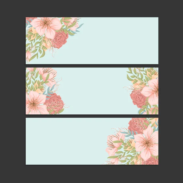 Üç tane şık çiçek pankartı. Vektör içinde parlak romantik karikatürler