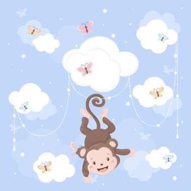 Bulutta uyuyan şirin bebek maymun ve kocaman gözleri var. Çizgi film Vektör Kartı. Çin Takvim Sembolü.