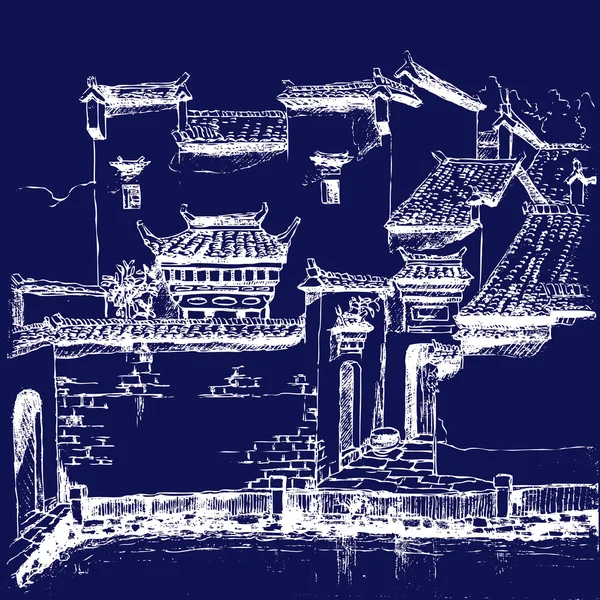Città sul lungomare della Cina / vettore dipinto a mano / batik — Vettoriale Stock