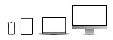 Bilgisayar, dizüstü bilgisayar, tablet ve telefon vektör düzeneği seti. Çoklu aygıt modelleme koleksiyonu.