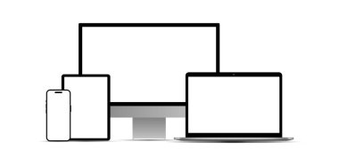 Modern çoklu cihaz modelleme seti. Düz vektör biçiminde akıllı telefon, tablet, masaüstü ve dizüstü bilgisayar şablonu seti