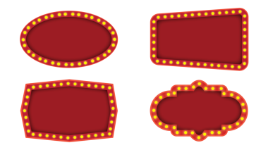 Retro tabela tabela kutusu ve ampuller. Sirk, kumarhane ve şeffaf arkaplanda izole edilmiş karaoke bar için parıldayan altın ışıklı kırmızı klasik sinema tabelaları.