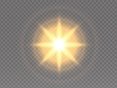 Altın yıldız patlaması parlaması. Vektör güneş ışığı parıldar, şeffaf arkaplanda güneş ışınları