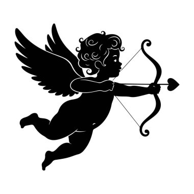 Kalp ok vektörü, vallentin gün tasarımı, aşk silueti olan siyah aşk tanrısı silueti.