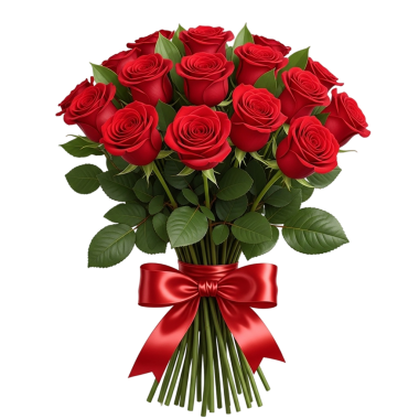 Saten kurdeleli kırmızı gül buketi.