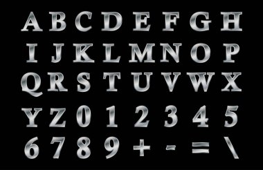 Metalik Kabartmalı Alfabe Numaraları Sembolleri Yazıtipi
